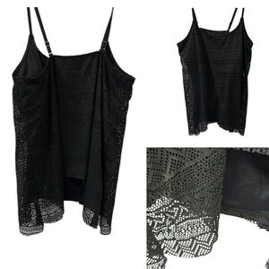 Black Lace Overlay Swimsuit Tankini Top with Padded Shelf Bra No Underwire XXXL
